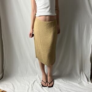90s vintage tan beige beaded silk minimalist low rise midi skirt